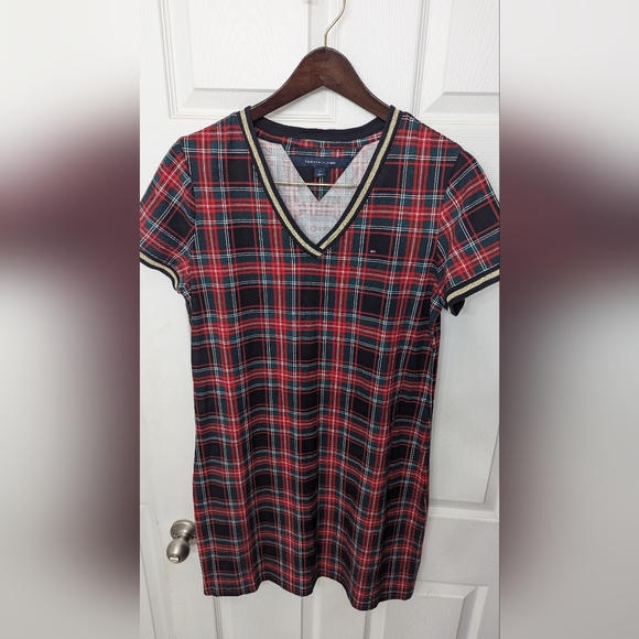 Tommy Hilfiger Plaid Metallic-Trim V-Neck Dress - Picture 1 of 6